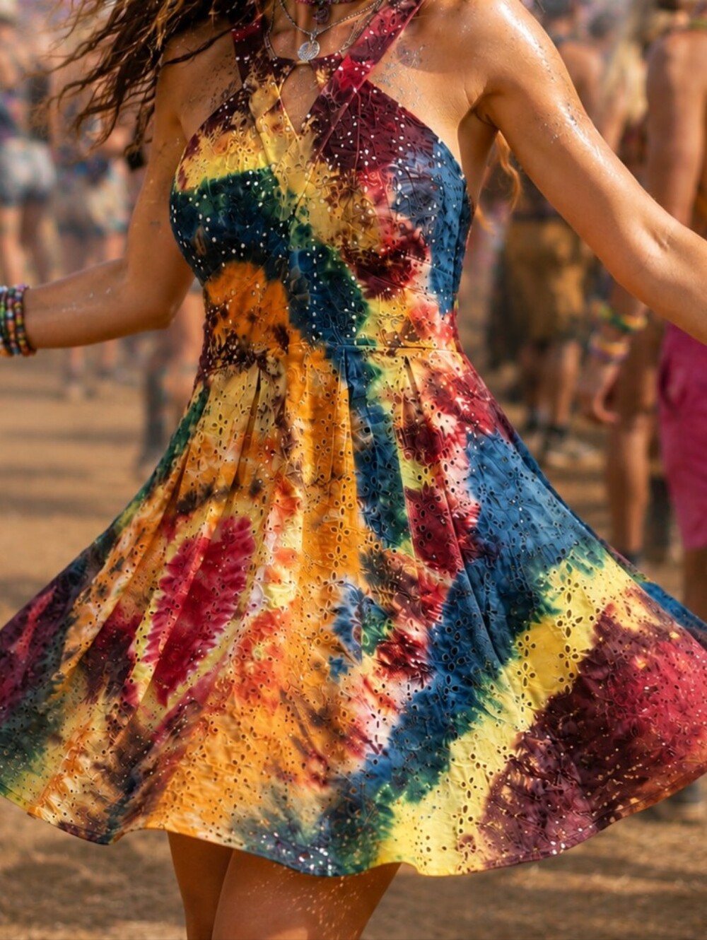 Crystal Doll Multicolor Tie-Dye Cross-Strap Mini Dress